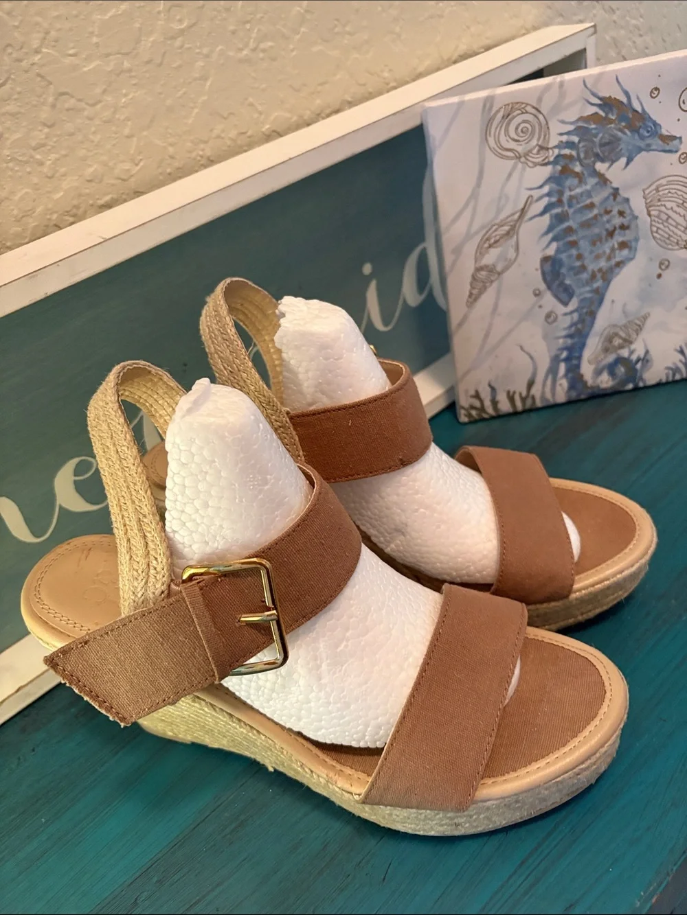 New York & Company Tan Espadrille Wedge Sandals